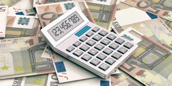 Calculatrice sur fond d'euros. Illustration 3d — Photo