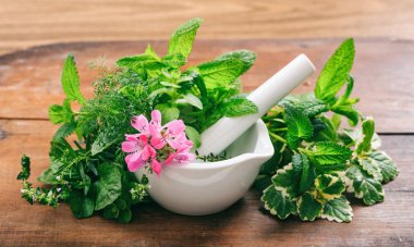 Bir harç ahşap arka plan üzerinde otlar