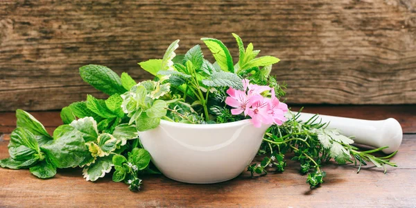 Herbs in a mortar on wooden background — Stock Photo, Image