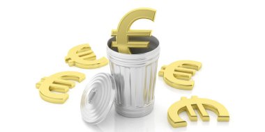 Beyaz zemin üzerine altın euro simgesi ve çelik çöp kutusu. 3D çizim