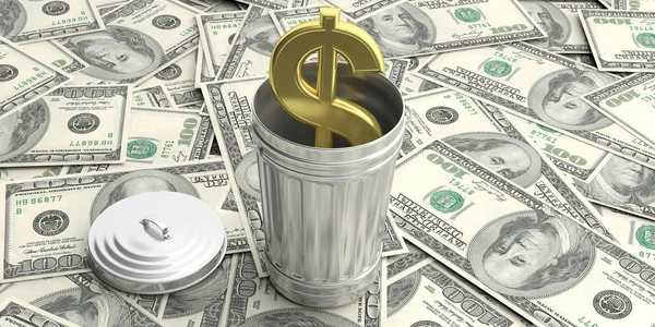Stahl-Mülleimer auf amerikanischem Dollar Hintergrund. 3D-Illustration — Stockfoto