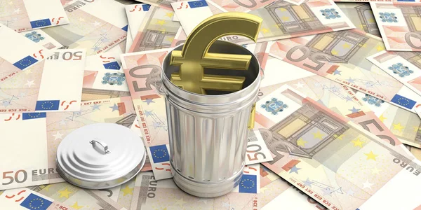 Стальной мусорный бак на фоне банкнот евро. 3d иллюстрация — стоковое фото