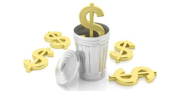 Goldenes Dollarsymbol und stählerner Mülleimer auf weißem Hintergrund. 3D-Illustration — Stockfoto