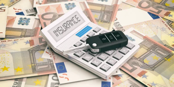Clé de voiture et calculatrice sur fond de billets en euros. Illustration 3d — Photo