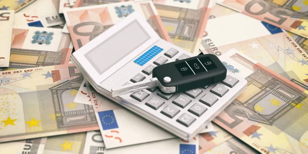 Ключ от машины и калькулятор на фоне банкнот евро. 3d иллюстрация — стоковое фото