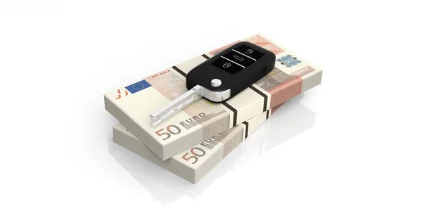欧元纸币-白色背景上的车钥匙。3d 图 — 图库照片