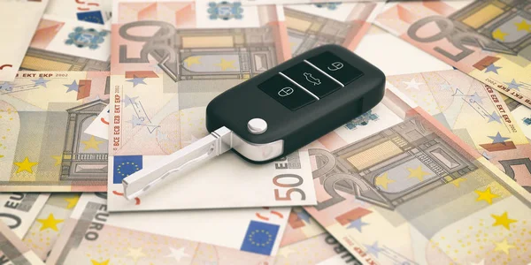 Chave do carro no fundo das notas de euro. ilustração 3d — Fotografia de Stock