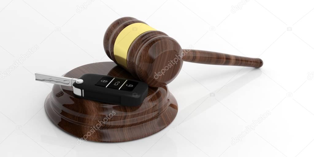 Car key and judge gavel on white 3d illustration