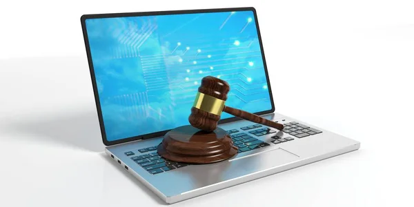 Hölzerner Richter oder Auktionshammer und ein Laptop auf weißem Hintergrund. 3D-Illustration — Stockfoto