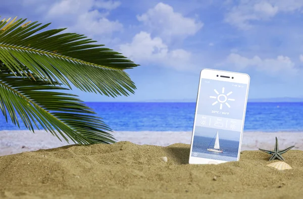 Sandy beach - Weather app on a smartphone. 3d illustration