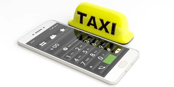 Taksi işareti ve beyaz arka plan üzerinde bir smartphone. 3D çizim — Stok fotoğraf