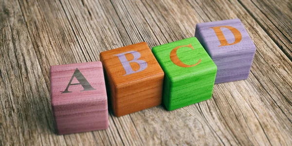 Cartas abcd em blocos de madeira. ilustração 3d — Fotografia de Stock