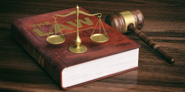 Judge gavel, justice scale and law book on wooden background. 3d illustration — Stock Photo, Image
