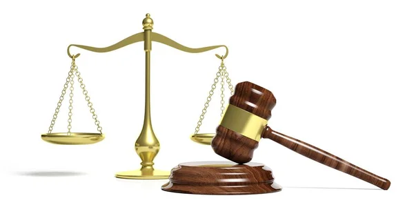 Martelo de juiz e escala de equilíbrio de justiça em fundo branco. ilustração 3d — Fotografia de Stock