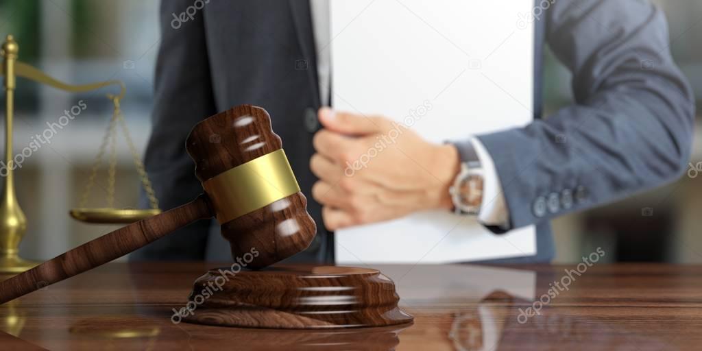 Law theme. Judge or lawyer holding the case file. 3d illustration
