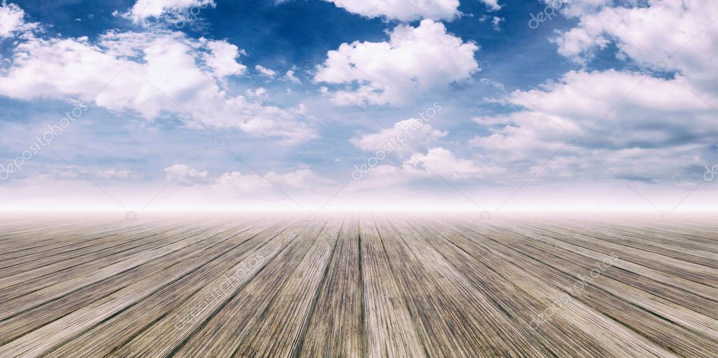Wooden planks on blue sky background. 3d illustration