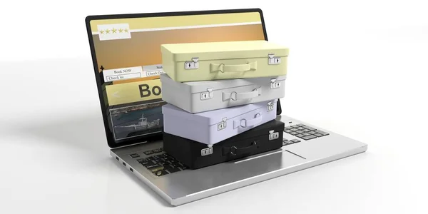 Reisekoffer auf dem Laptop - Online-Reisebuchungskonzept. 3D-Illustration — Stockfoto