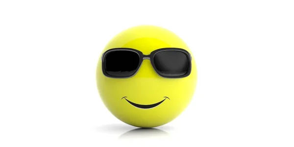 Emoji amarillo sonriente con gafas de sol sobre fondo blanco. ilustración 3d — Foto de Stock