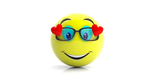 Κίτρινο emoji με μεγάλο χαμόγελο και καρδιές σε λευκό φόντο. 3D απεικόνιση — Φωτογραφία Αρχείου