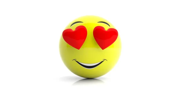 Emoji giallo con grande sorriso e cuori su sfondo bianco. Illustrazione 3d — Foto Stock