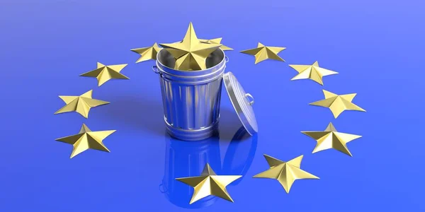 Krise in der Europäischen Union - goldener Stern im Mülleimer auf einer EU-Flagge. 3D-Illustration — Stockfoto