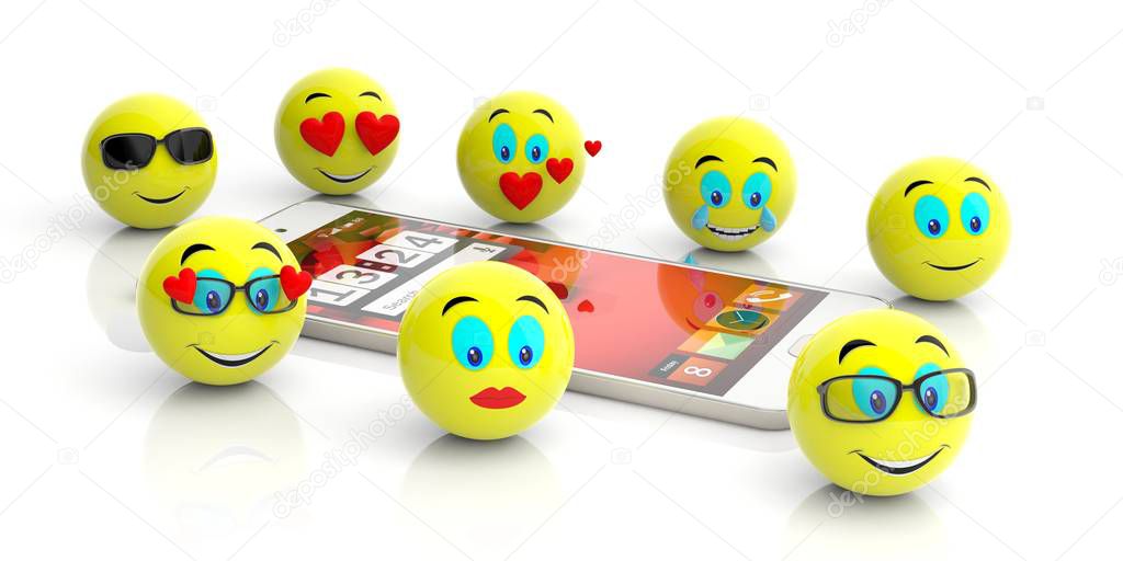 Group of yellow emojis and a smartphone on white background. 3d illustration