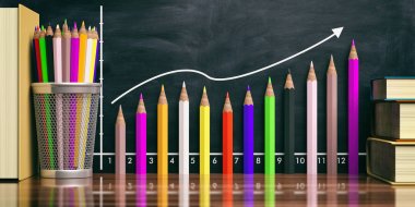 Artan grafik siyah arka plan üzerinde renkli kalemler. 3D çizim