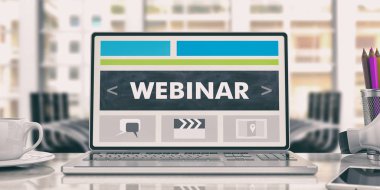 Webinar kavramı. Bir ofiste dizüstü bilgisayar. 3D çizim