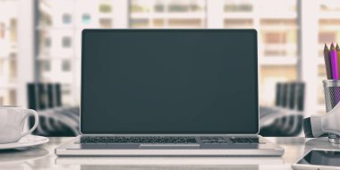 Bir Ofis Masası üstünde laptop. 3D çizim