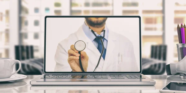 Arzt auf einem Laptop auf einem Bürotisch. 3D-Illustration — Stockfoto