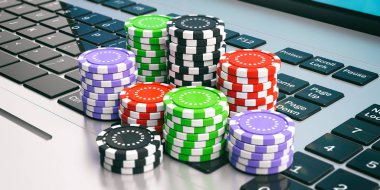 Bir dizüstü bilgisayarda Casino fişi. 3D çizim