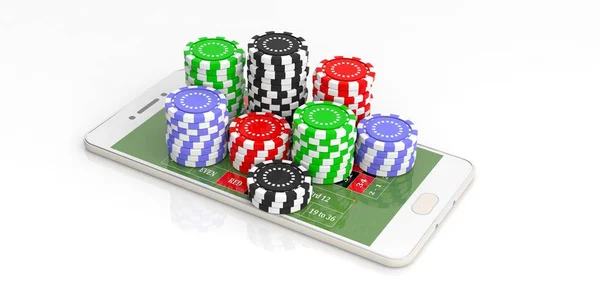 Fichas de casino e smartphone em fundo branco. ilustração 3d — Fotografia de Stock