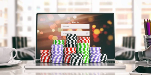 Casino fişi bir laptop - çalışma alanı. 3D çizim — Stok fotoğraf