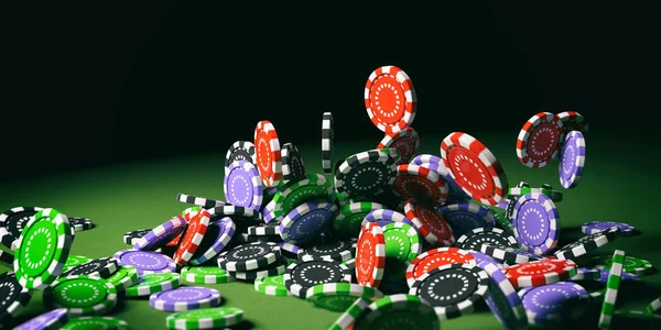 Casino chips falling on green felt. Ilustrasi 3d — Stok Foto