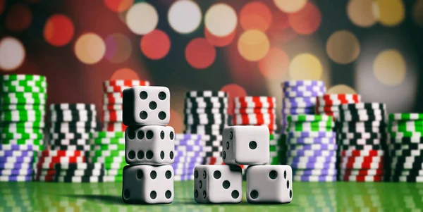 Casino chips en dobbelstenen op groene vilt. 3D illustratie — Stockfoto
