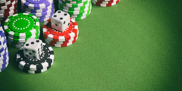 Fichas de casino em verde feltro ilustração 3d — Fotografia de Stock