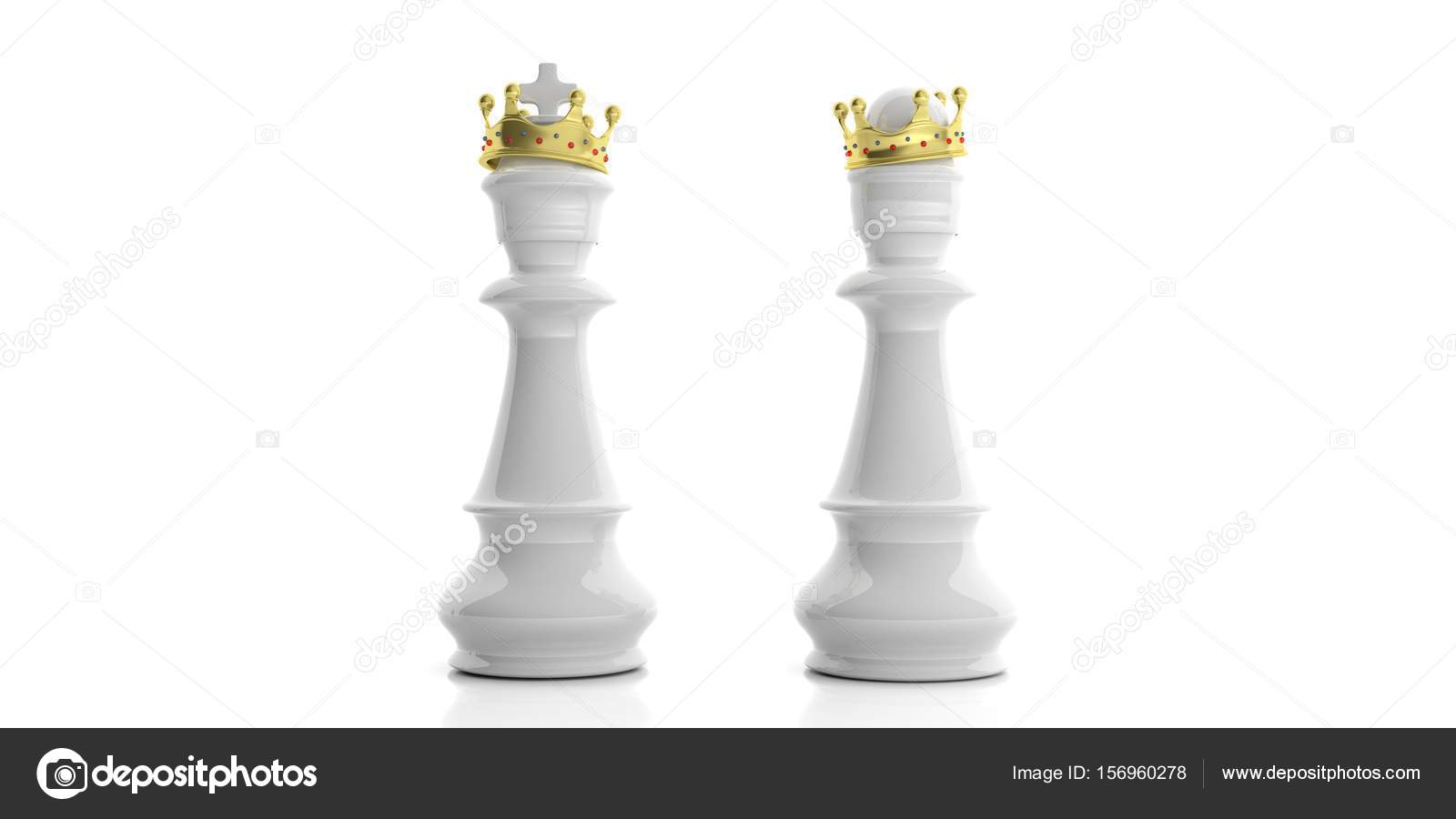 White Chess King And Queen With Crowns On White Background 3d