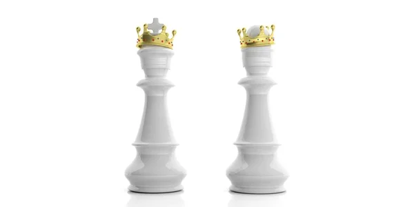 Rey y reina de ajedrez blanco con coronas sobre fondo blanco. ilustración 3d —  Fotos de Stock