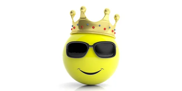 Gouden kroon op een gele emoji - witte achtergrond. 3D illustratie — Stockfoto