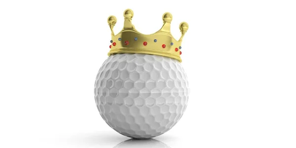 Coroa dourada em uma bola de golfe - fundo branco. ilustração 3d — Fotografia de Stock