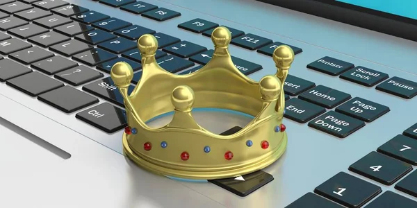 Gyllene krona på en dator - vit bakgrund. 3D illustration — Stockfoto