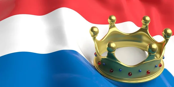 Corona dorada sobre bandera holandés.3d ilustración — Foto de Stock