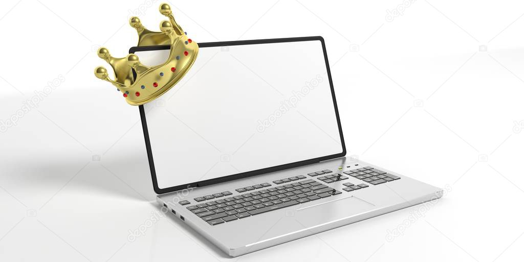Golden crown on a laptop - white background. 3d illustration
