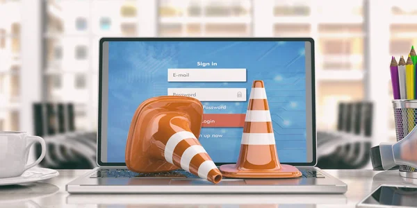 ノート パソコン、3 d イラストレーションのトラフィック コーン — ストック写真