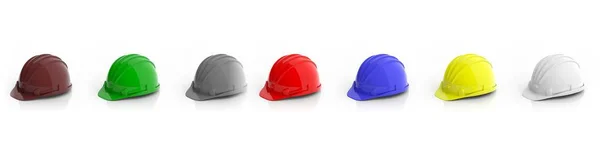 Kleurrijke bouw helmen op witte achtergrond. 3D illustratie — Stockfoto