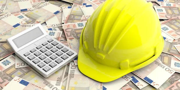 Construction helmet and calculator on euro banknotes background. 3d illustration