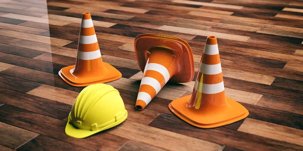 Traffic cones and hard hat on wooden background. 3d illustration