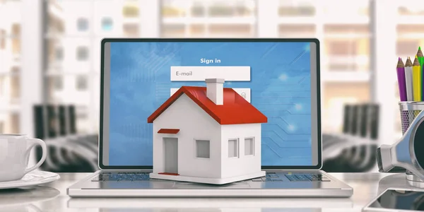 Small house on a laptop. 3d illustration — Stock Photo, Image