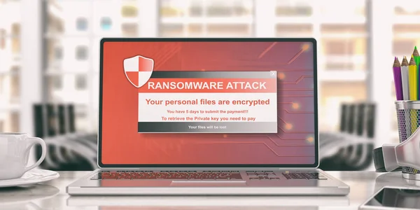Peringatan ransomware pada layar laptop. Ilustrasi 3d — Stok Foto