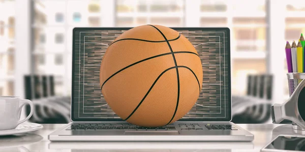 Basketbal op een laptop - office achtergrond. 3D illustratie — Stockfoto